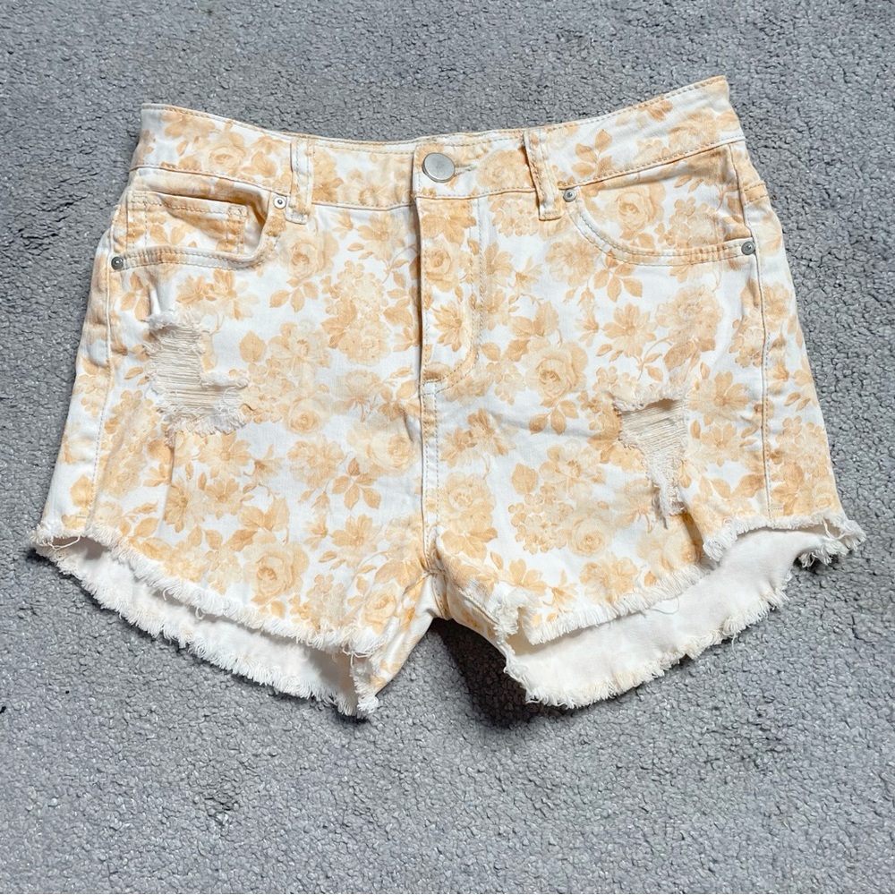 Sapphire Ink Size 7 Floral Destroyed Frayed Hem Stretch Denim Jean Short Shorts